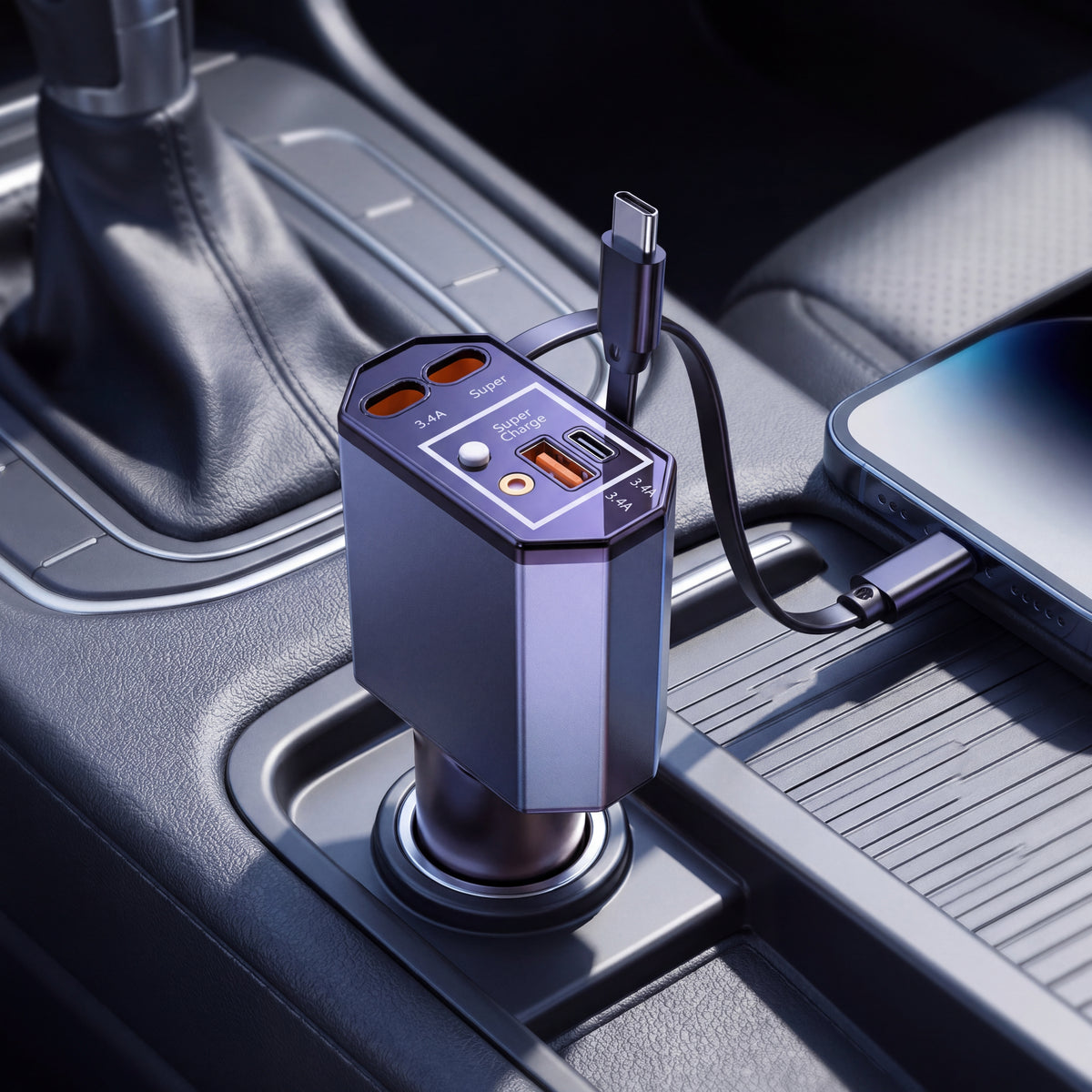 120W Super Fast Car Charger with Retractable Cable Multi-Port USB Cigarette Lighter Adapter