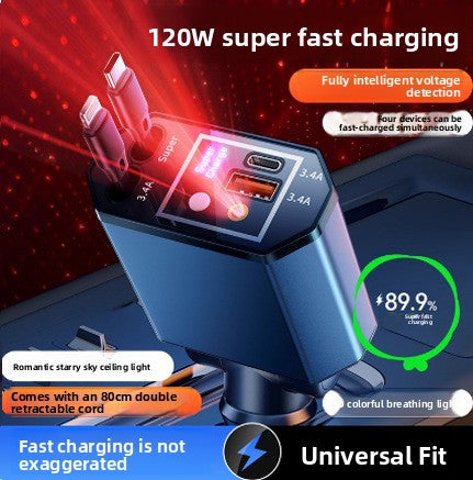 120W Super Fast Car Charger with Retractable Cable Multi-Port USB Cigarette Lighter Adapter