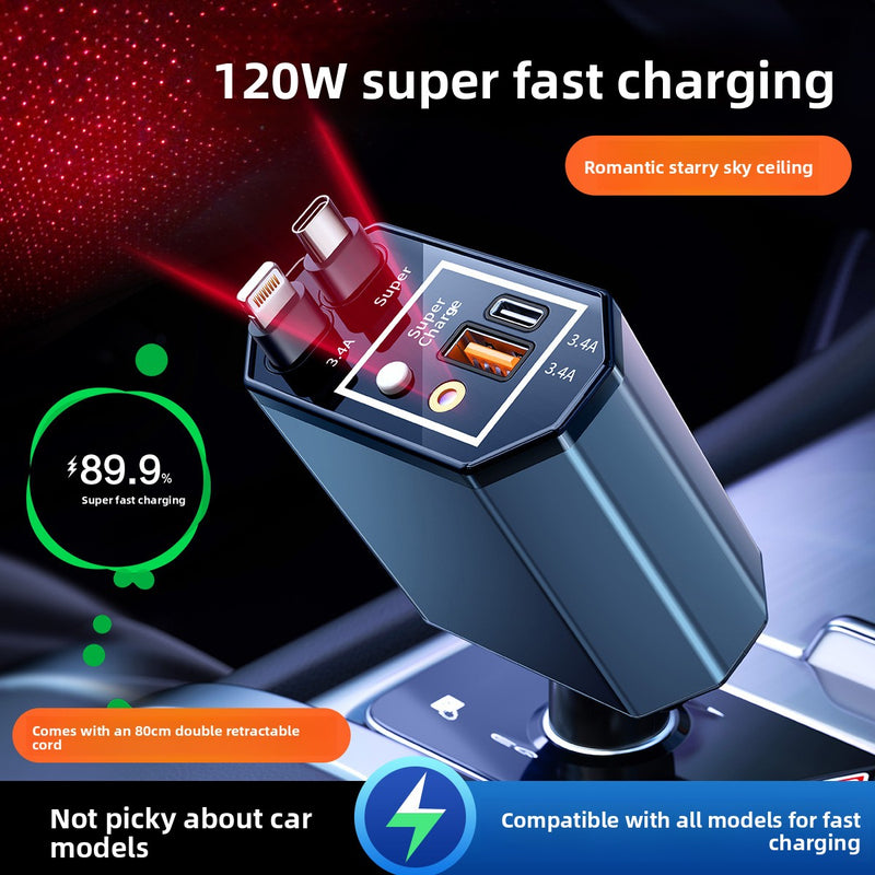 120W Super Fast Car Charger with Retractable Cable Multi-Port USB Cigarette Lighter Adapter