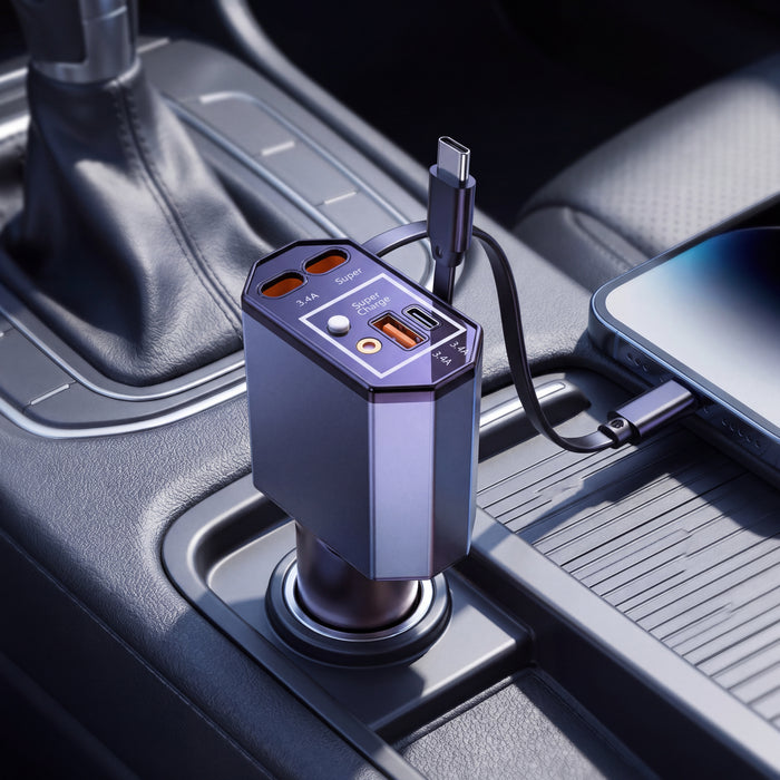120W Super Fast Car Charger with Retractable Cable Multi-Port USB Cigarette Lighter Adapter