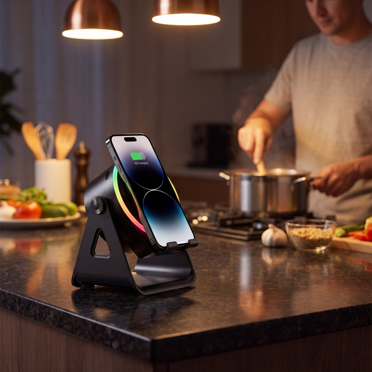 Multi-Function Bluetooth Speaker with Wireless Charger, RGB Light and Phone Stand