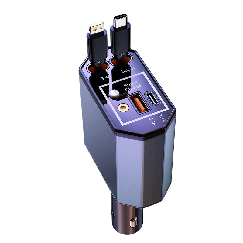 120W Super Fast Car Charger with Retractable Cable Multi-Port USB Cigarette Lighter Adapter