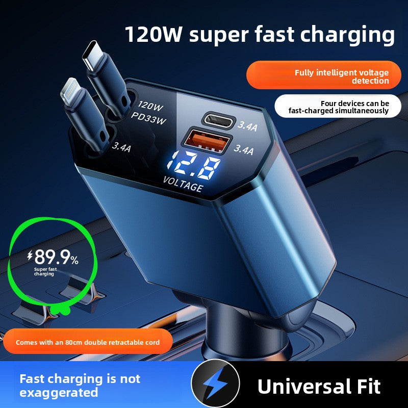120W Super Fast Car Charger with Retractable Cable Multi-Port USB Cigarette Lighter Adapter